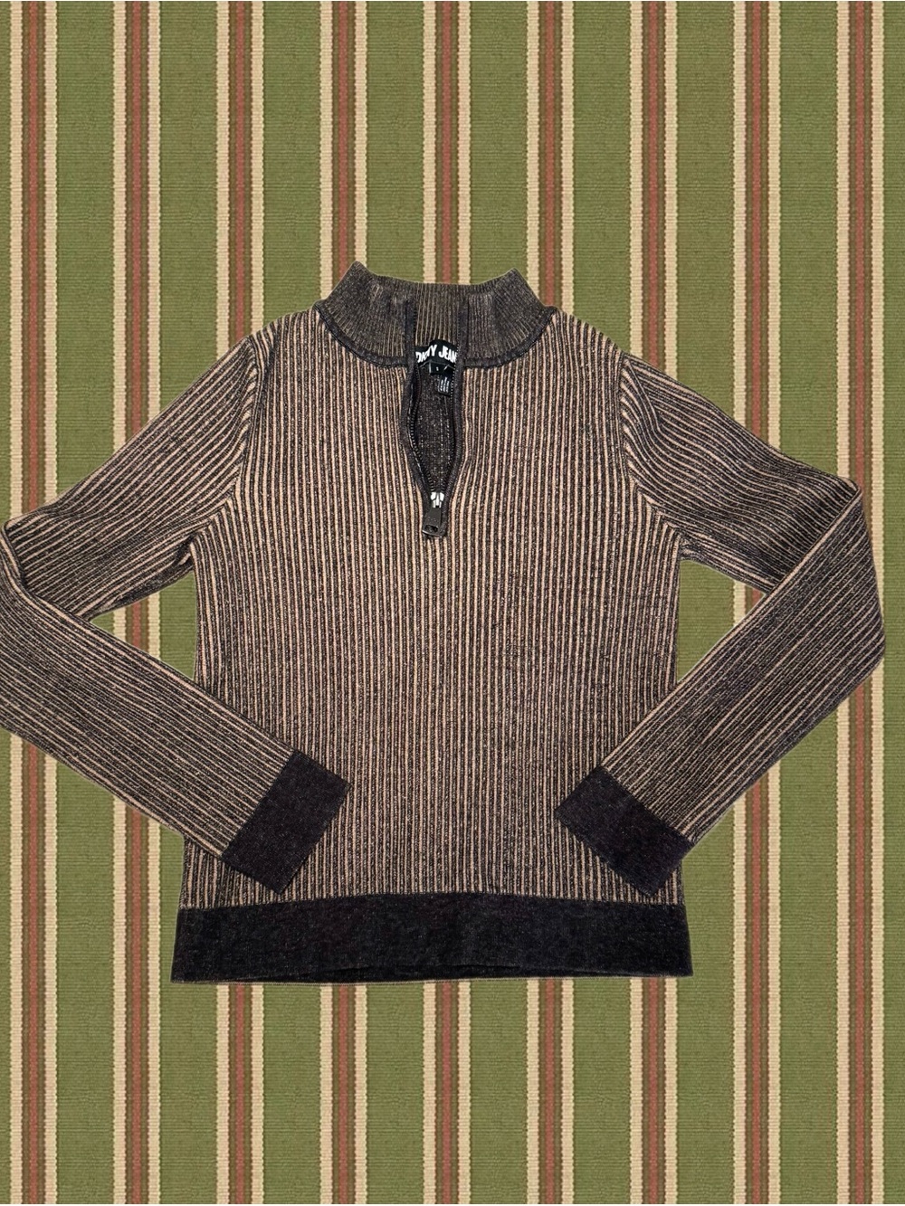DKNY Jeans Tan and Black Ribbed Quarter Zip Sweater